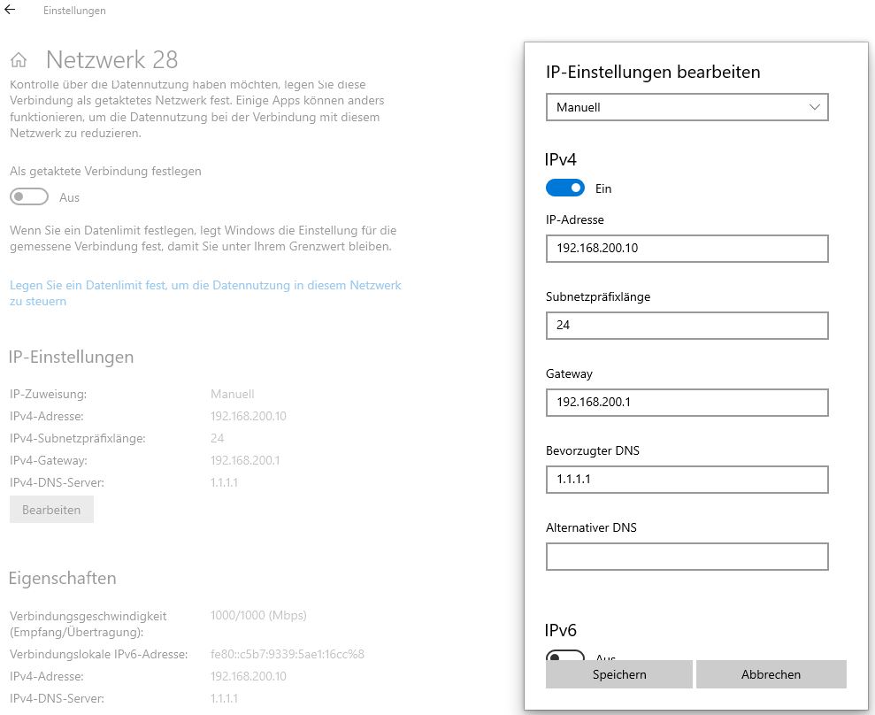 Feste IPv4 Vergabe im gleichen Subnetz 192.168.200.10